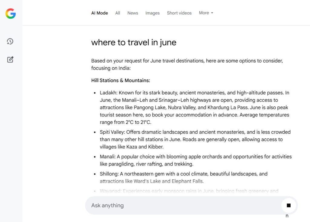 Google AI Mode Result Page